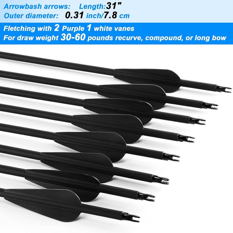 Arrowbash 24 Pcs 31.5 Inch Arrows for Compound Bow Hunting Arrows Carbon Arrows with 3 Inch Plastic Arrow Feathers and Removable Tips 500-600 Spine Archery Target Arrows for Recurve Bow - Image 3